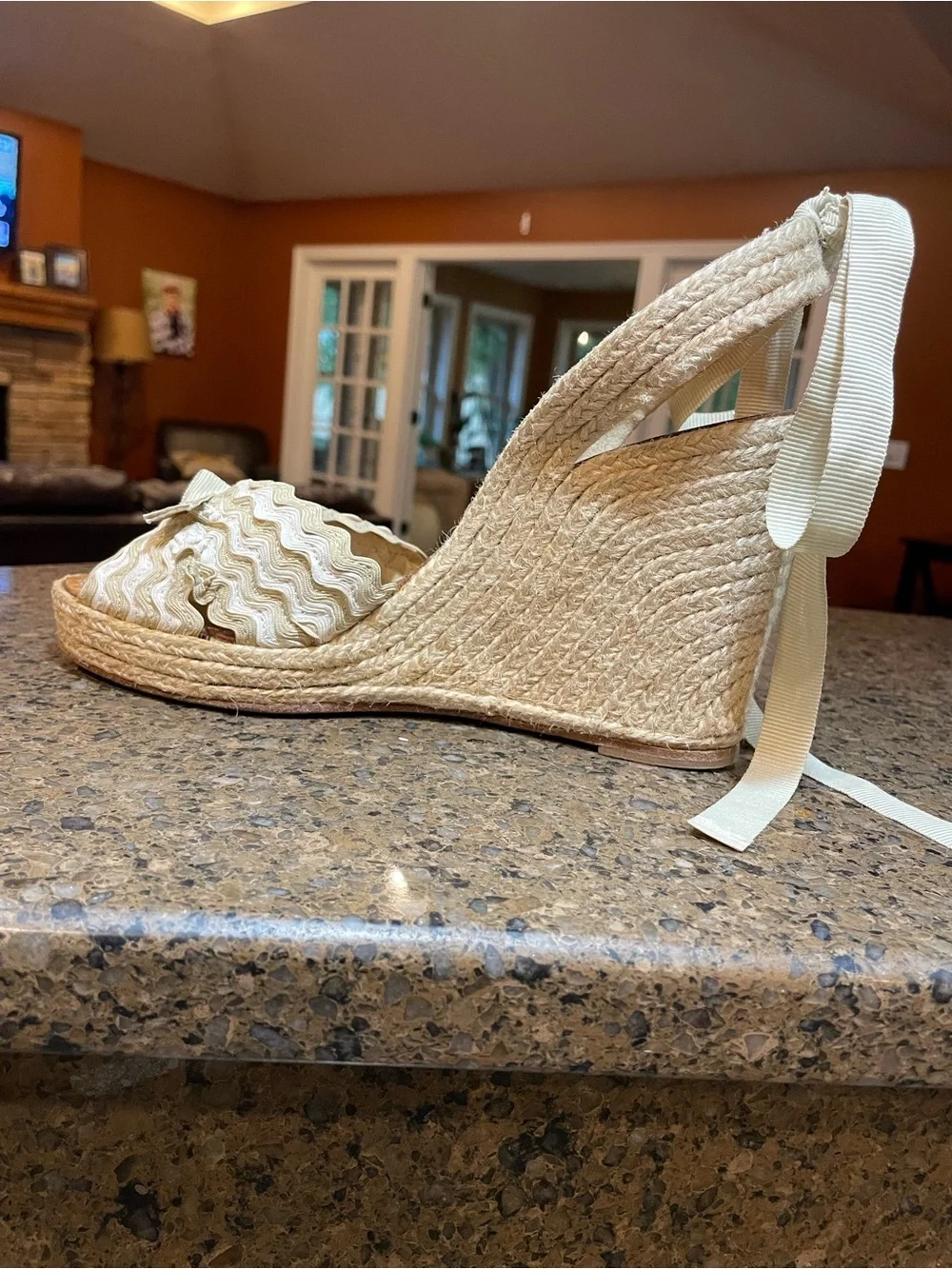 kate spade Gorgeous! Beige Cream Wedge Espadrille Sandal Jute Heel Ribbon Tie 10